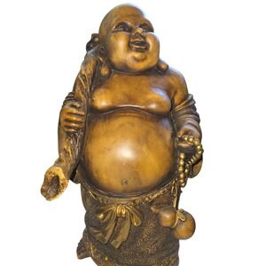 14" Gold Resin Laughing Buddha WithStaff Money Sack Sequin Details‎